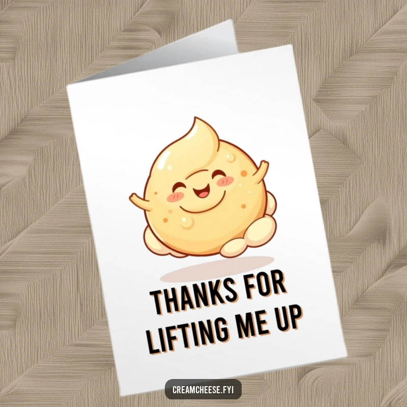 Funny Free Printable Thank You Card: A cheerful cream cheese blob bounces happily on a bagel cloud, conveying thanks with lightheartedness.