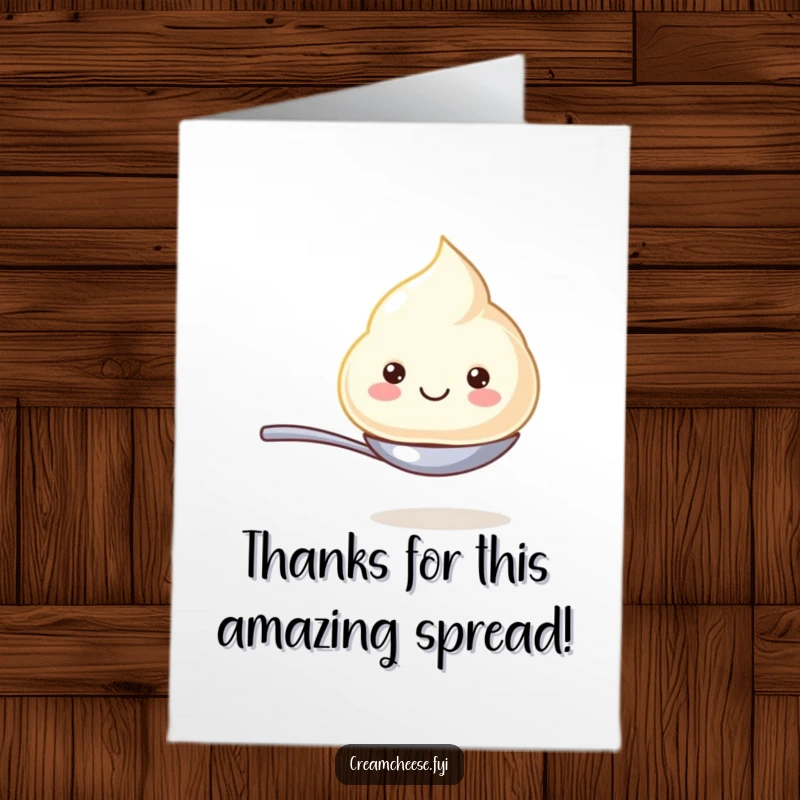 Funny Free Printable Thank You Card with a smiling cream cheese dollop on a spoon, conveying gratitude.