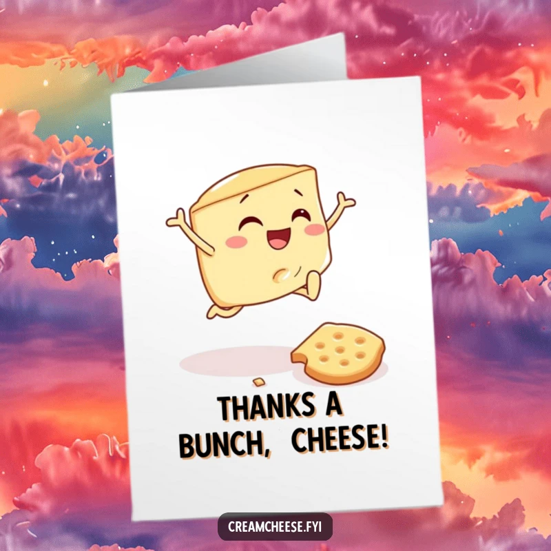 Funny Free Printable Thank You Card: Cream cheese wedge in mid-air, leaping over a fallen cracker, expressing thanks.
