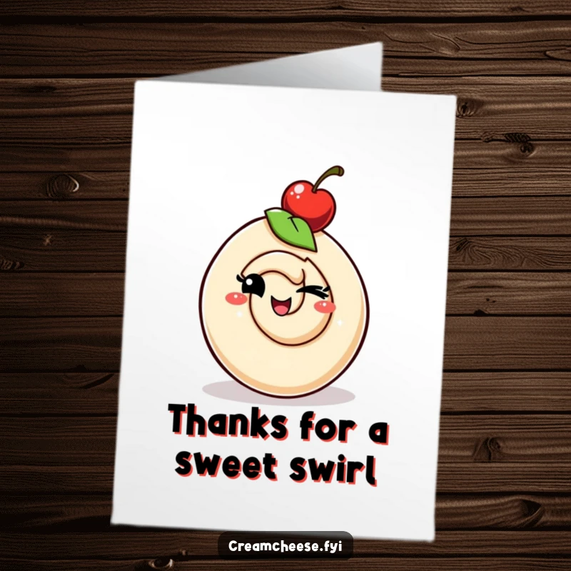 Funny Free Printable Thank You Card: A whimsical cream cheese swirl winks playfully, wearing a cherry hat. A sweet and downloadable thank you.