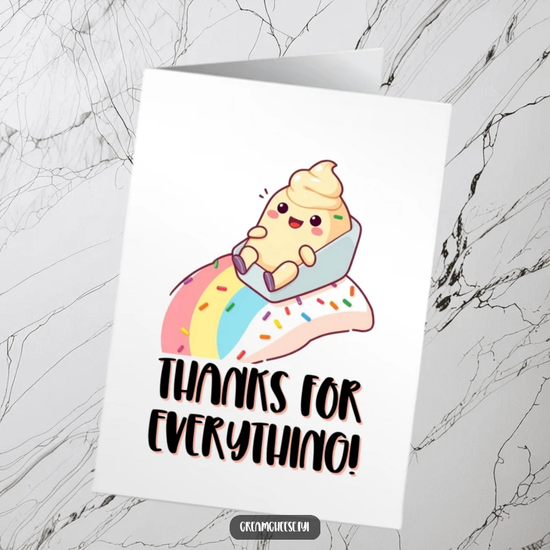 Funny Free Printable Thank You Card: A cream cheese tub joyfully slides down sprinkles, sending a fun and thankful message.