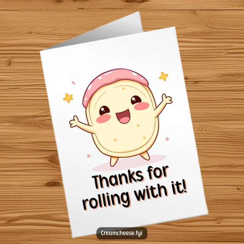 Funny Free Printable Thank You Card: A delighted cream cheese roll spins joyfully, adding flair to your thank you message.