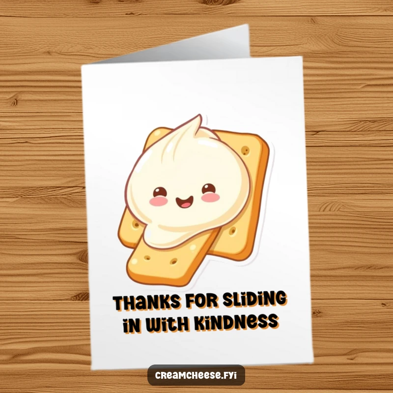 Free Printable Thank You Card depicting a happy cream cheese dollop sliding playfully down a cracker, perfect for a sweet thank you.