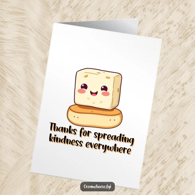 Free Printable Thank You Card with a smiling cream cheese cube humorously perched on a bagel, conveying thanks with a grin.