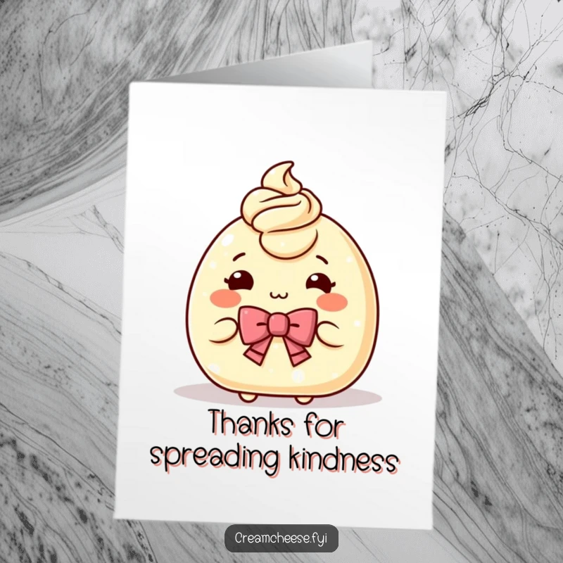 Funny Free Printable Thank You Card with a sophisticated cream cheese character presenting a gift with a gracious bow.