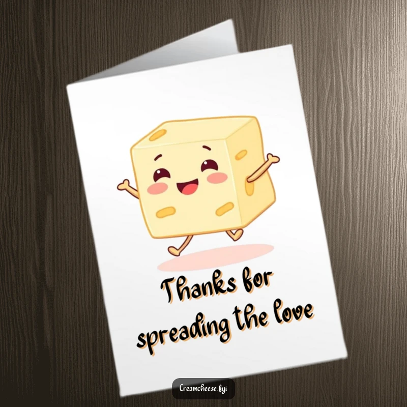 Funny Free Printable Thank You Card: A grinning cream cheese block with legs skips happily, expressing thanks. Downloadable and cheerful.