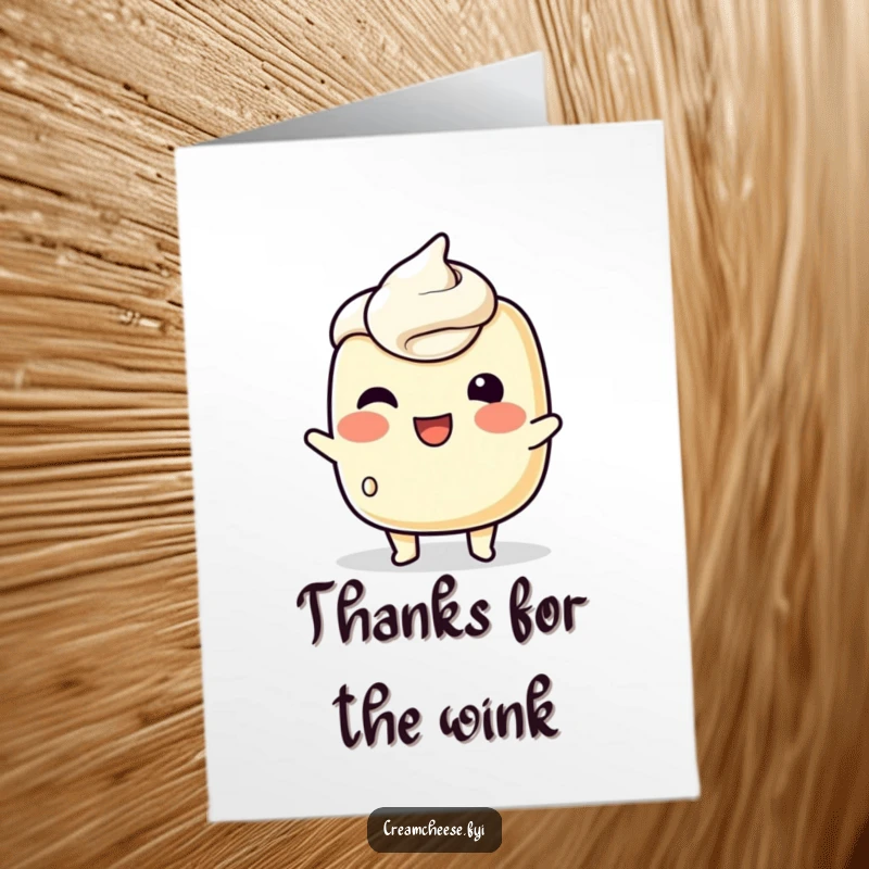 Funny Free Printable Thank You Card featuring a cream cheese character trying to wink with its spreadable top, conveying thanks.