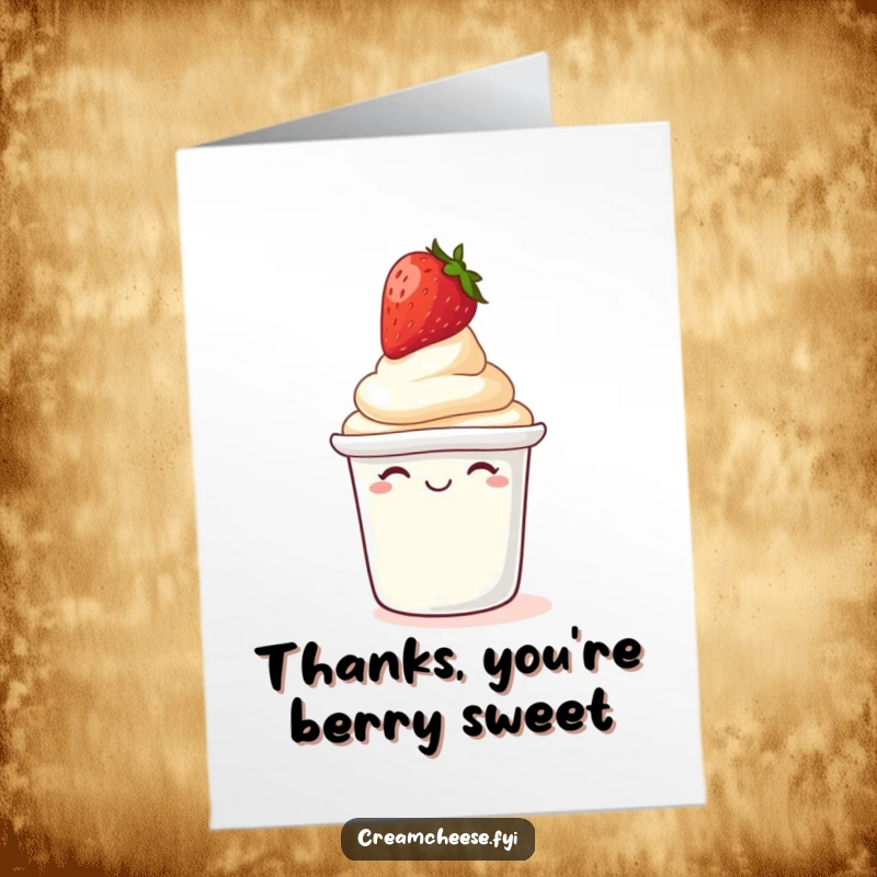 Funny Free Printable Thank You Card: A giggling cream cheese tub balances a strawberry on its lid, offering thanks with cheer.