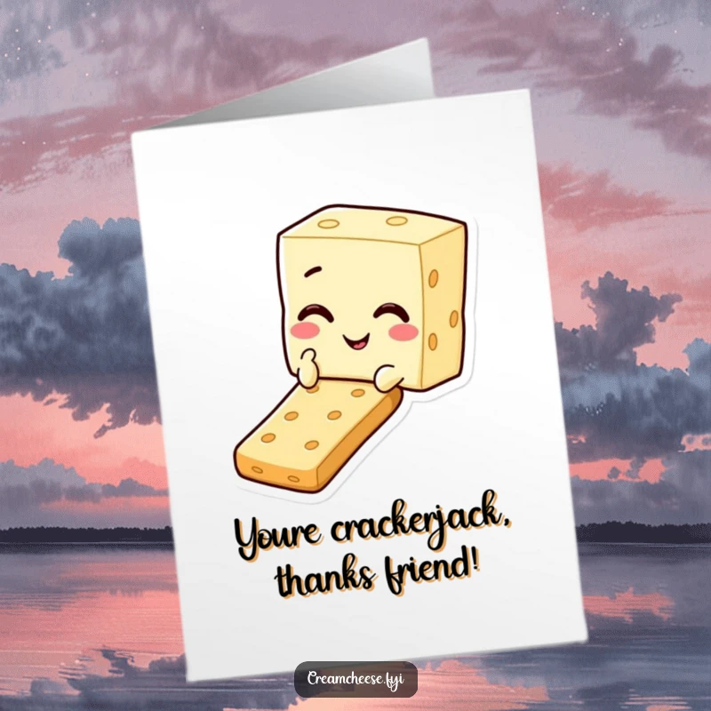 Funny Free Printable Thank You Card: Cheerful cream cheese square character winks while sliding down a cracker, offering thanks.