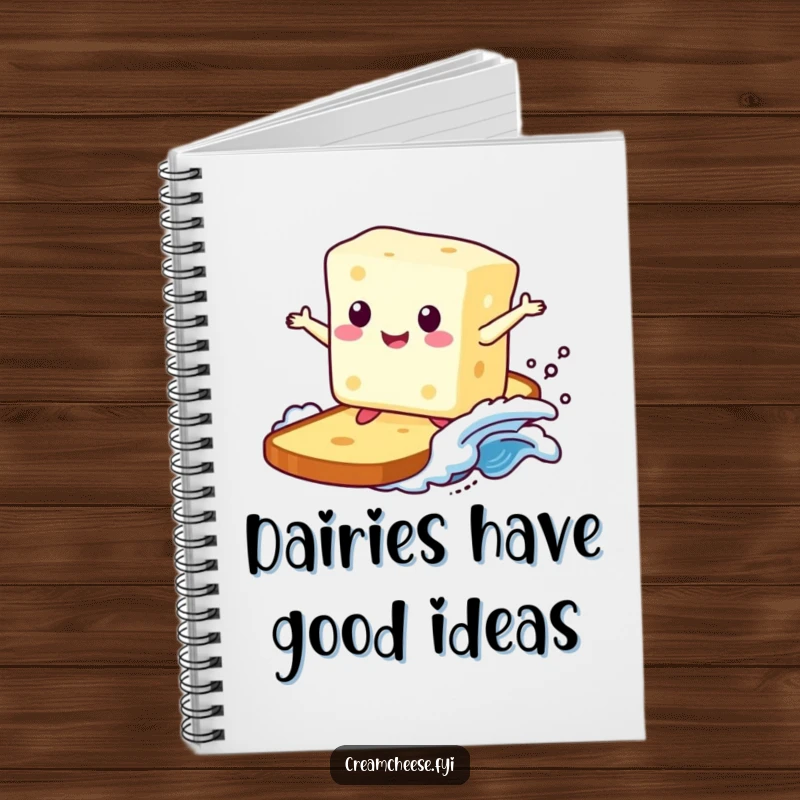 Funny notebook cover shows a smiling cream cheese block surfing a toast wave, embodying creative energy and a love for breakfast adventures.