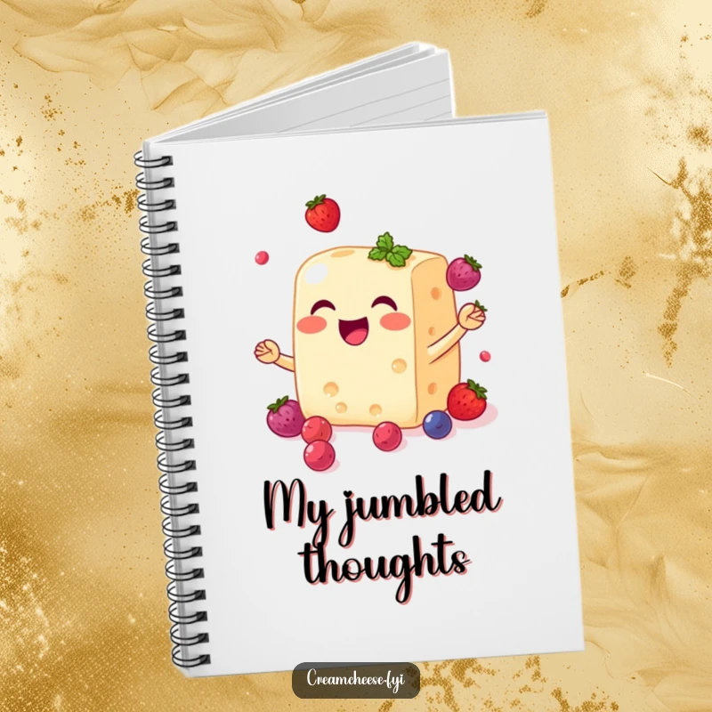 Funny cream cheese block notebook with a smiling face, joyfully juggling small, sweet berries, ideal for recipes and notes.