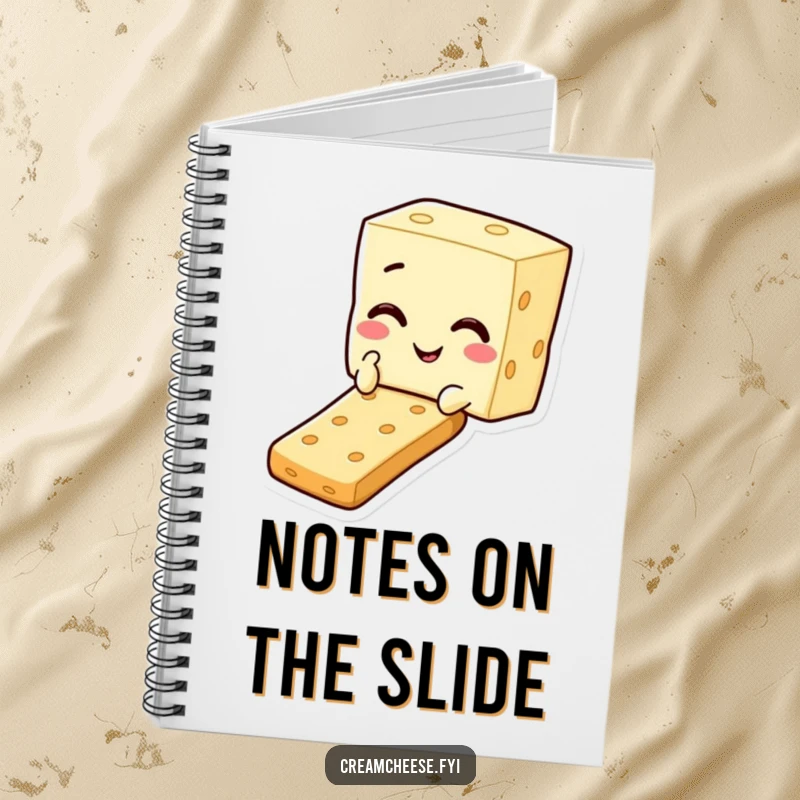 Funny notebook with a cream cheese square character winking and sliding down a cracker, perfect for jotting down ideas.