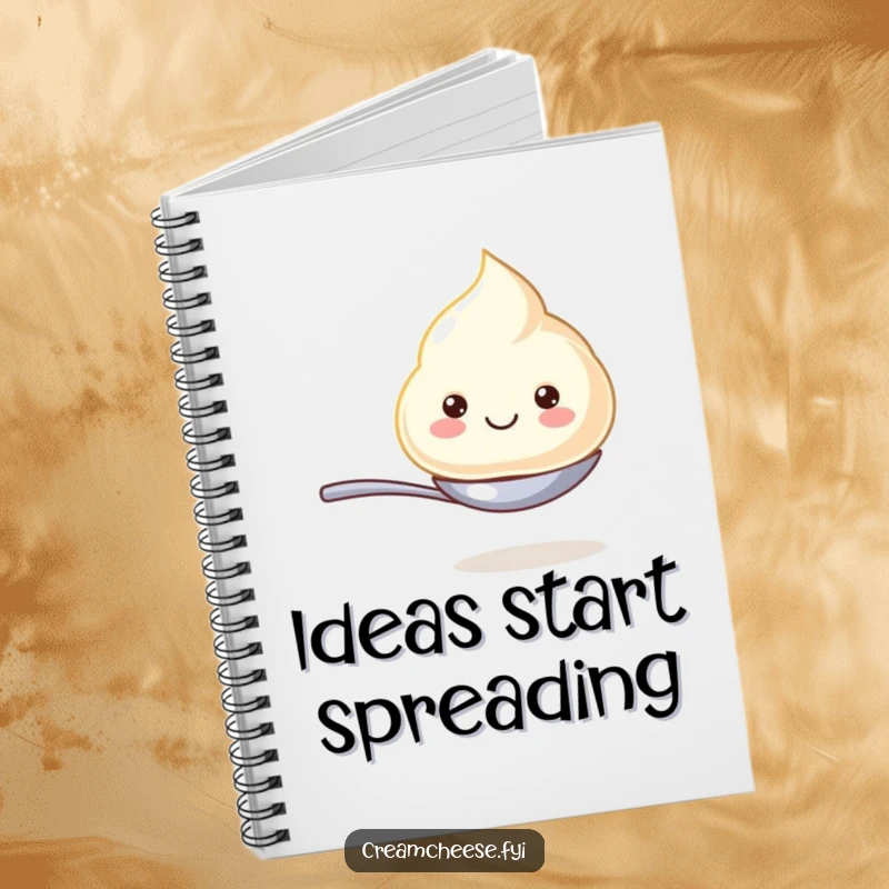 Funny notebook cover with a happy cream cheese dollop balancing on a miniature spoon, perfect for jotting down funny thoughts and ideas.
