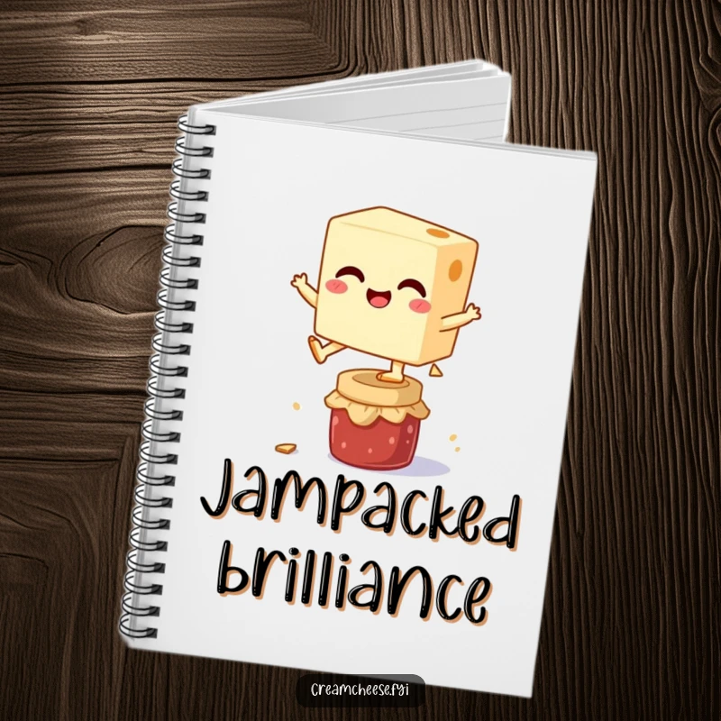 Funny notebook cover depicts a cream cheese block leaping over a jam jar, inspiring energetic note-taking and creative brainstorming.