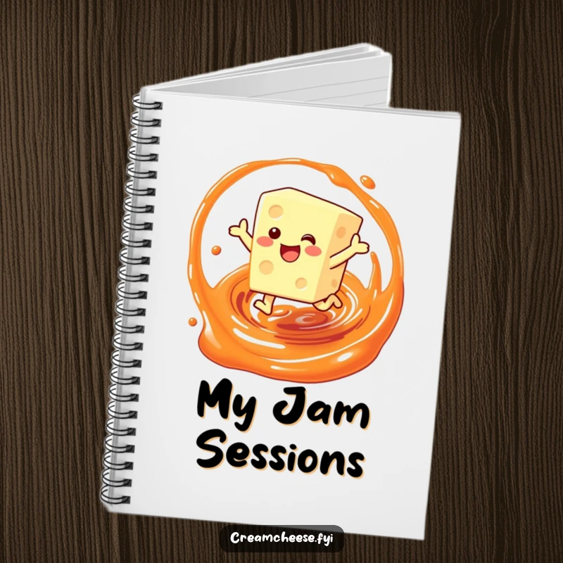 Funny notebook with a cream cheese block character joyfully leaping through a jam swirl, perfect for capturing inspired thoughts.