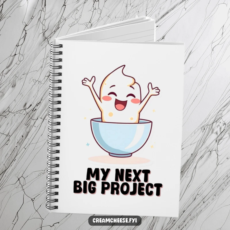 Funny notebook cover with a delighted cream cheese character leaping into a mixing bowl, ideal for jotting down creative ideas.