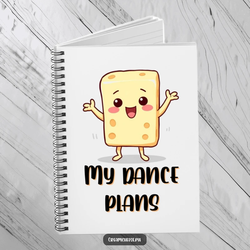 Funny notebook with a cream cheese character doing a silly dance, designed to inspire fun thoughts and organized notes.