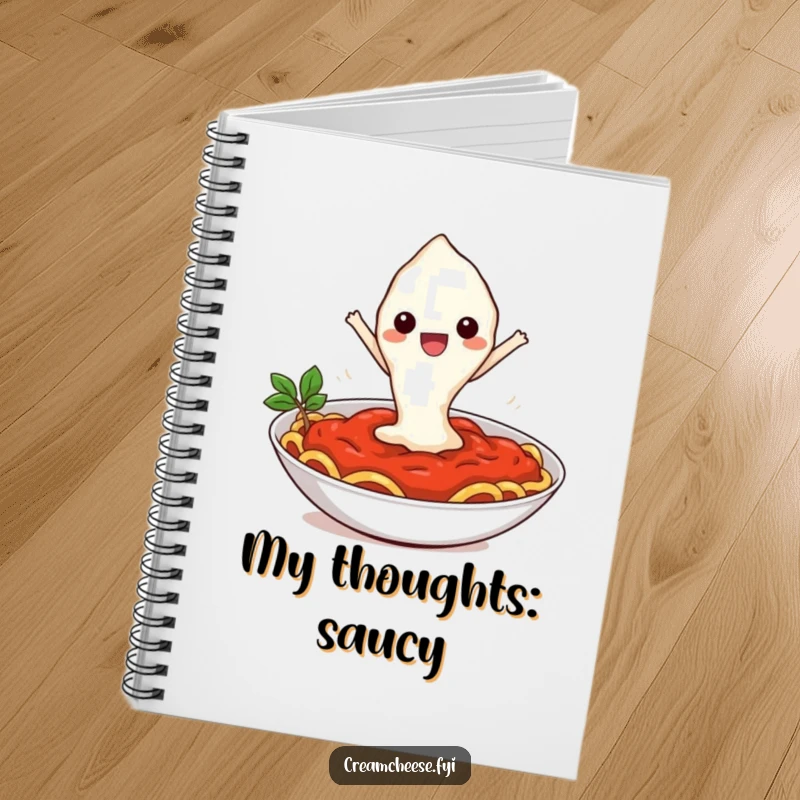 Funny notebook cover showing a cream cheese dollop joyfully leaping into pasta sauce, a whimsical design for note-taking enthusiasts.
