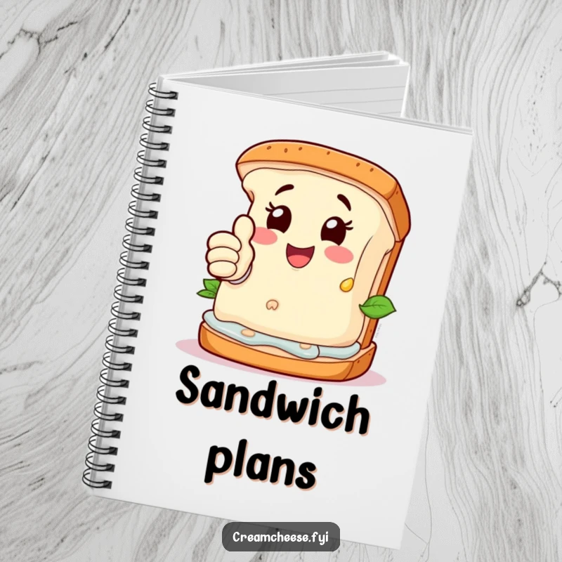 Funny Notebook: Happy cream cheese character giving a thumbs-up from a deconstructed sandwich, ideal for notes.