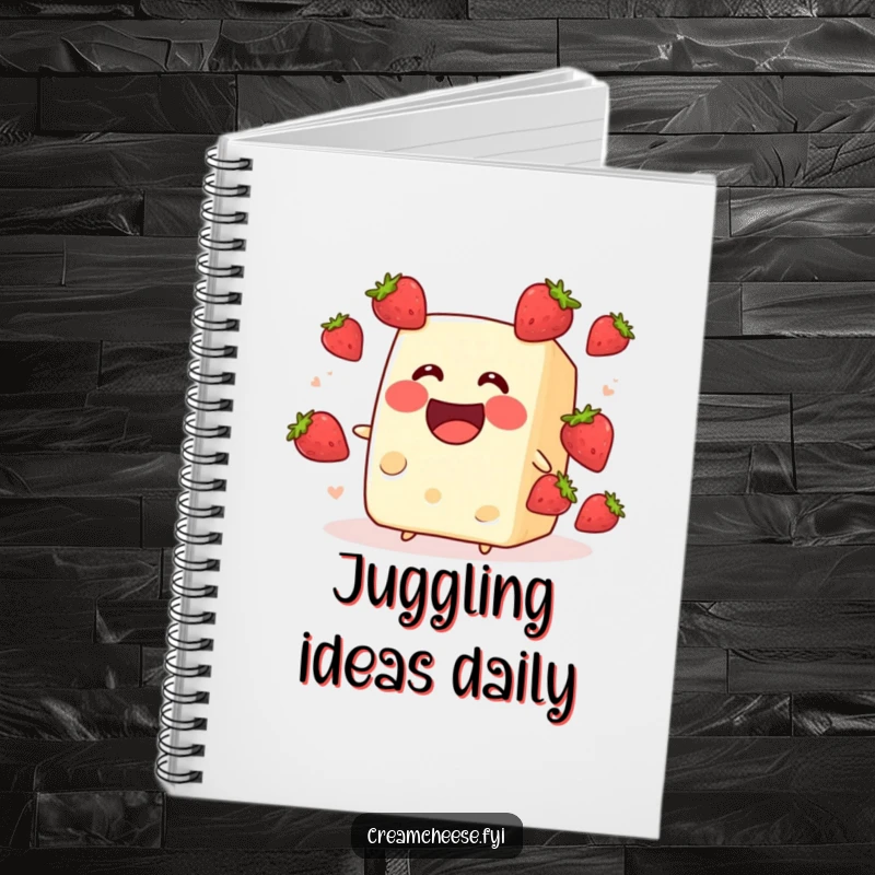 Funny cream cheese block juggling strawberries, inside a notebook cover. A delightful and funny stationery item, perfect as a funny gift.