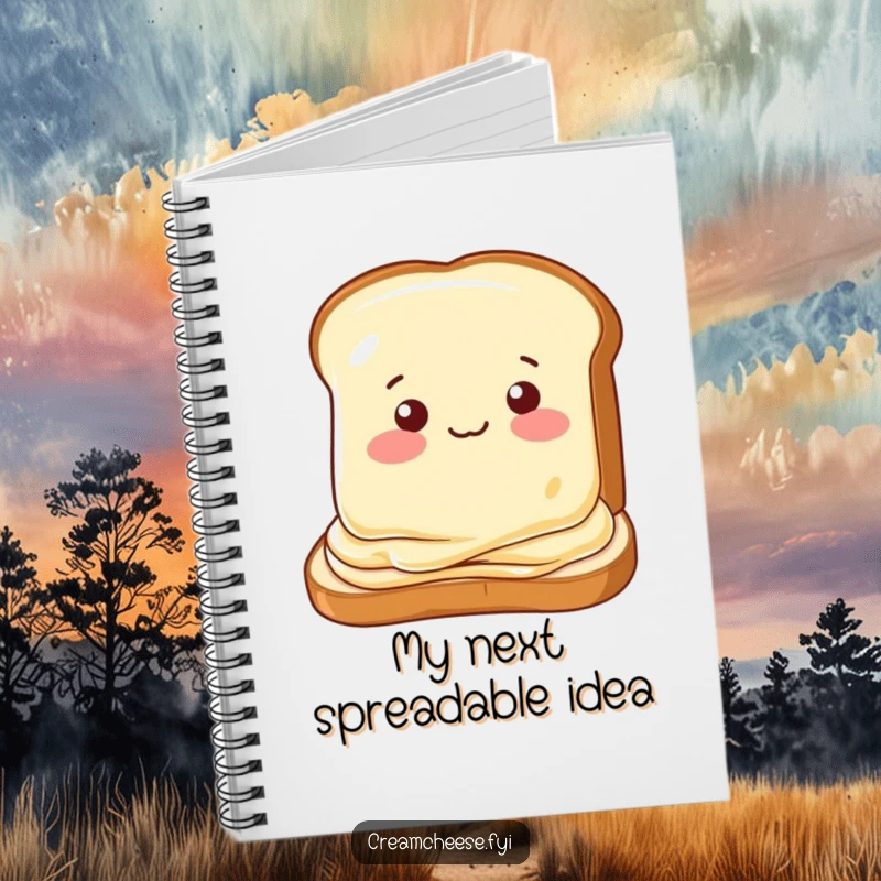 Funny notebook cover with a cream cheese slice winking playfully on toast, ideal for jotting down notes with personality.