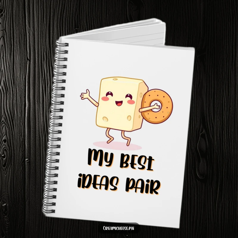 Funny notebook with a smiling cream cheese block with legs dancing joyfully with a bagel, ideal for food lovers' notes.