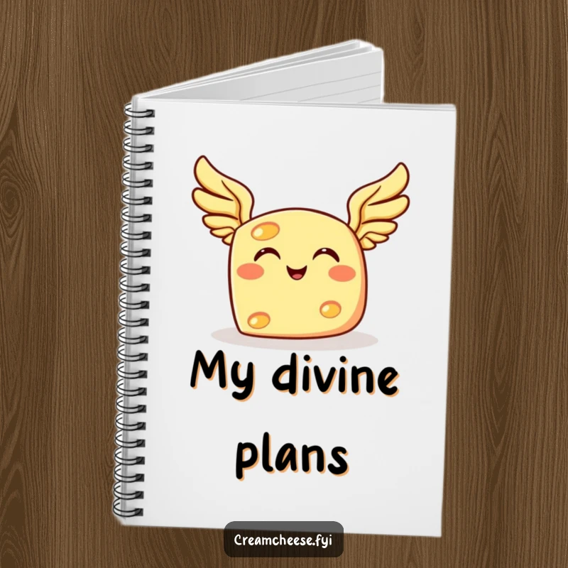 Funny flying cheese notebook, with a grinning cheese character with tiny wings joyfully soaring, ready for notes.