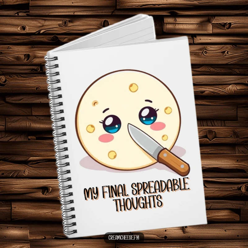 Funny cream cheese wheel notebook, wide-eyed and being sliced by a tiny knife, perfect for jotting down humorous notes.