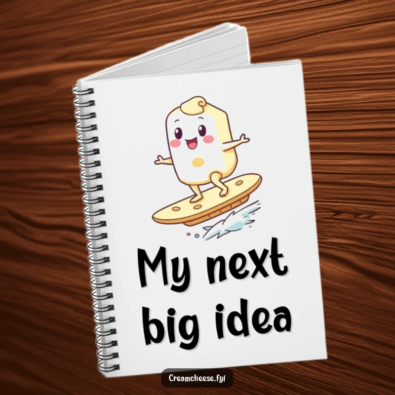 Funny Breakfast Ideas Notebook: A happy cream cheese character surfs on a giant cracker, symbolizing fun breakfast ideas and culinary adventures.