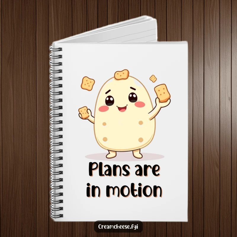 Funny notebook with a cream cheese character juggling crackers, ideal for jotting down creative and humorous ideas.