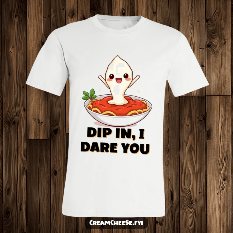 Funny t-shirt showcasing a cheerful cream cheese blob leaping enthusiastically into a rich bowl of pasta sauce, a comedic culinary scene.