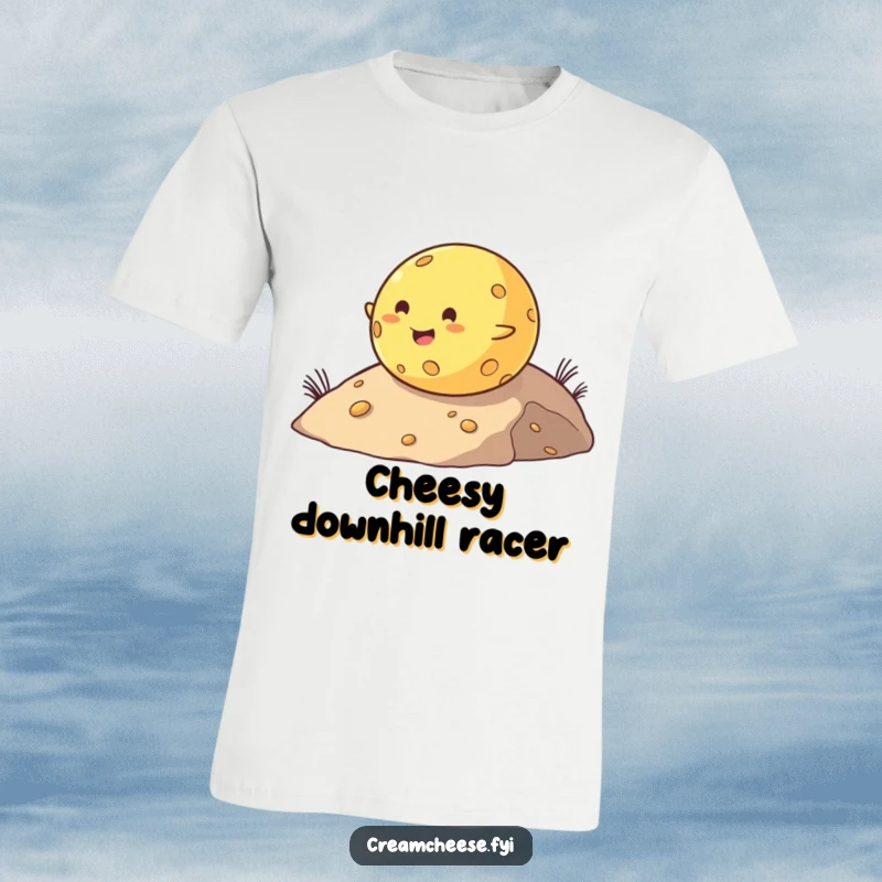 Funny t-shirt depicting a plump cheese ball gleefully rolling down a slope with an ecstatic expression, perfect for cheese enthusiasts.