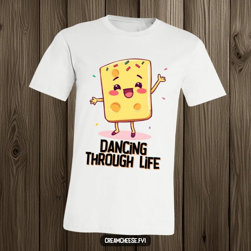 Funny cheese slice t-shirt, showing a delighted character performing a happy little dance amidst colorful sprinkles.