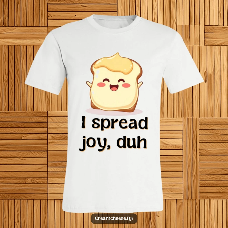 Funny joyful cream cheese blob t-shirt enthusiastically spreading onto toast, symbolizing breakfast happiness.
