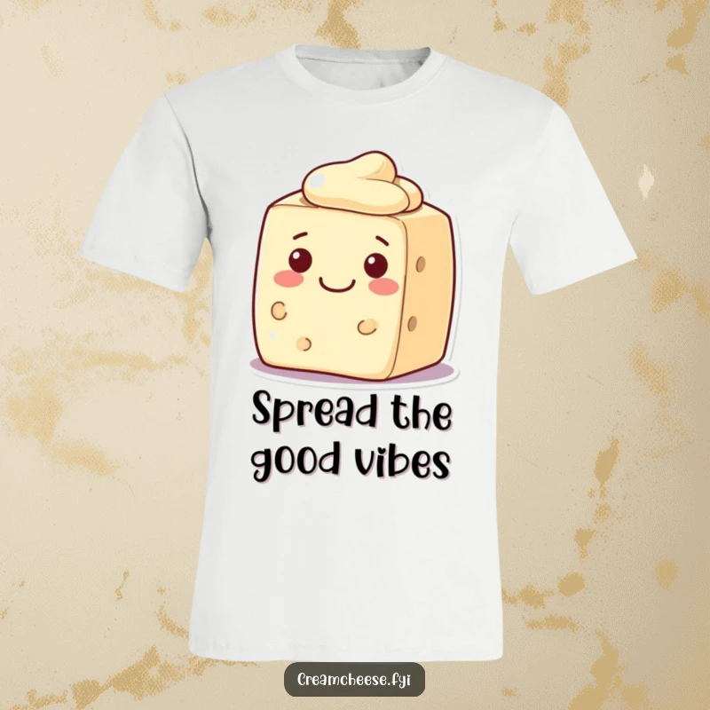 Funny cream cheese block t-shirt, featuring a character with a big, warm, welcoming smile, embodying friendliness.