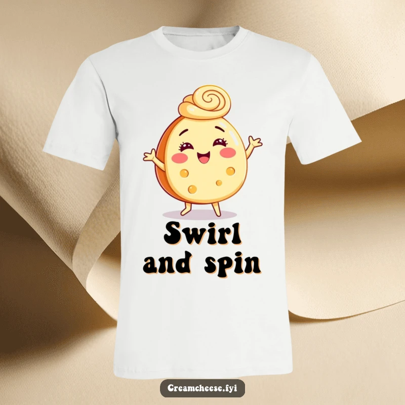 Funny t-shirt featuring a cream cheese wheel in a joyful dance pose, topped with a festive cinnamon swirl hat.