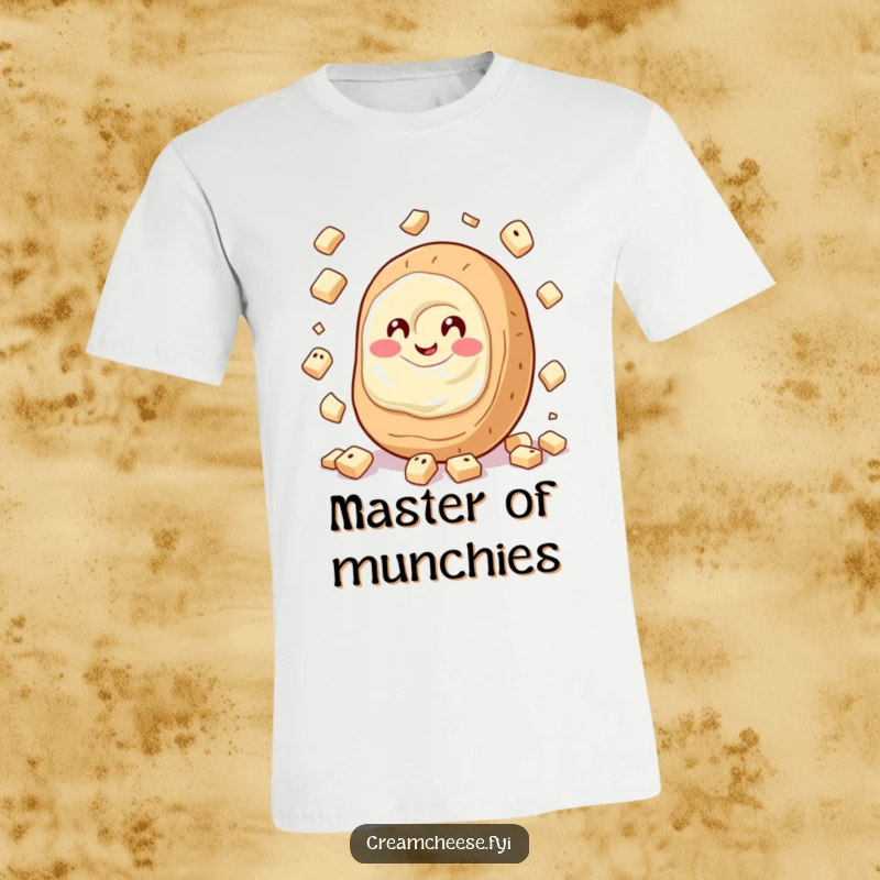 Funny Cream Cheese T-Shirt featuring a giggling cream cheese spread juggling small bagel pieces, a humorous and eye-catching design.