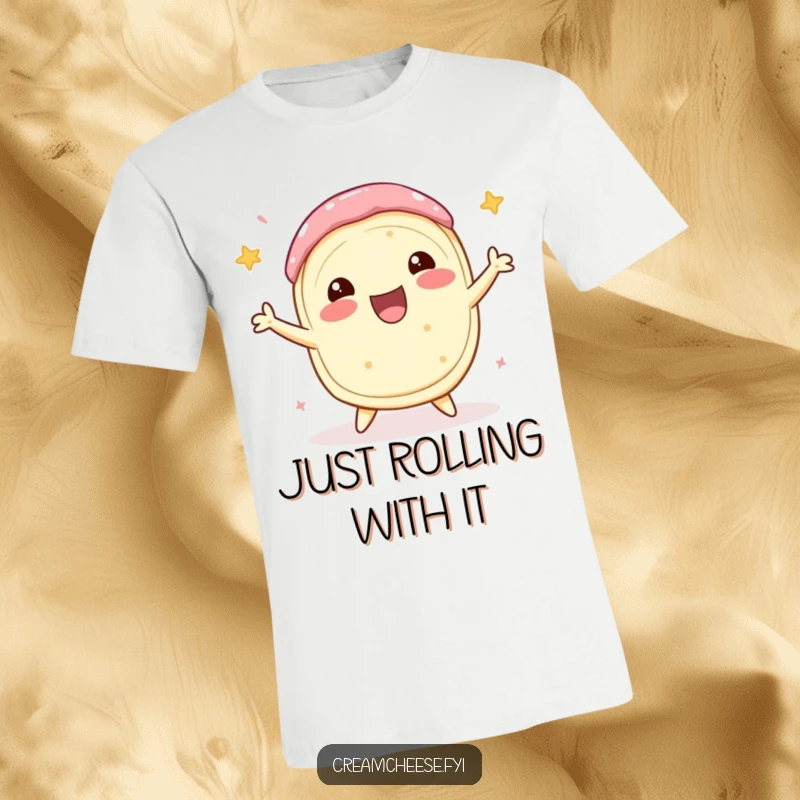 Funny Cream Cheese T-Shirt depicting a delighted cream cheese roll performing a celebratory spin, full of energetic and happy movement.