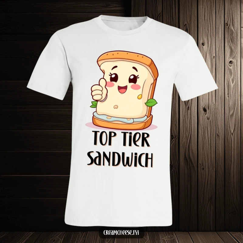 Funny T-Shirt: Happy cream cheese character proudly giving a thumbs-up from a deconstructed sandwich.