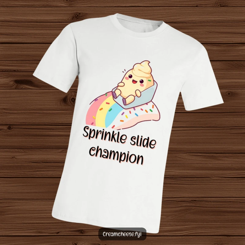 Funny anthropomorphic cream cheese tub t-shirt happily sliding down a rainbow sprinkle slope with a joyful, carefree attitude.