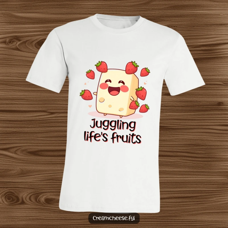 Funny cream cheese block humorously juggling tiny strawberries, featured on a t-shirt. A delightful and comical fruit-themed design, ideal for a funny gift.