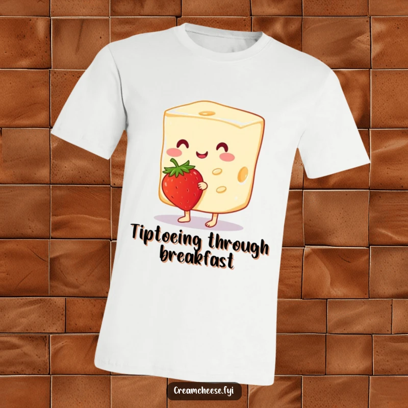 Funny Cream Cheese T-Shirt depicting a cheerful cream cheese slice tiptoeing with a strawberry, conveying playful joy and delicate movement.