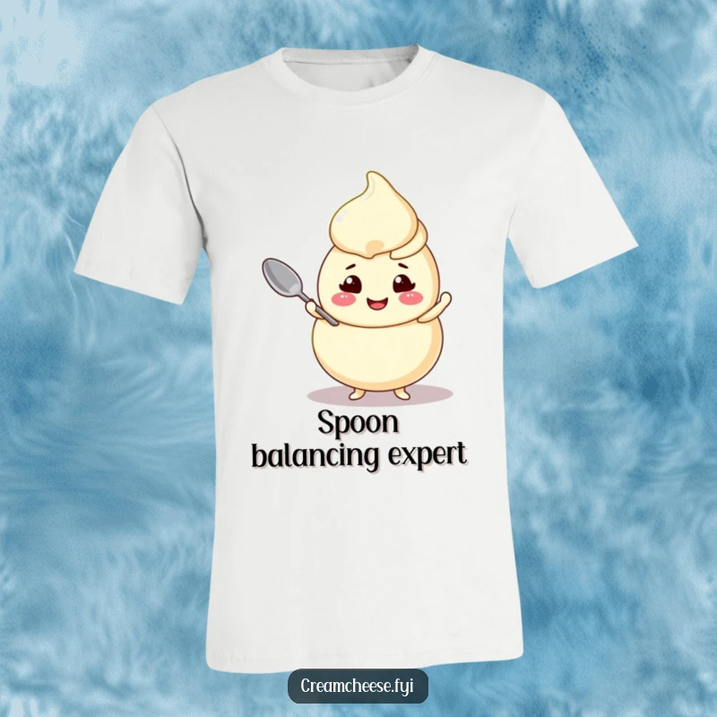 Funny cream cheese swirl t-shirt, featuring a cheerful character balancing a tiny spoon with a delightful expression.