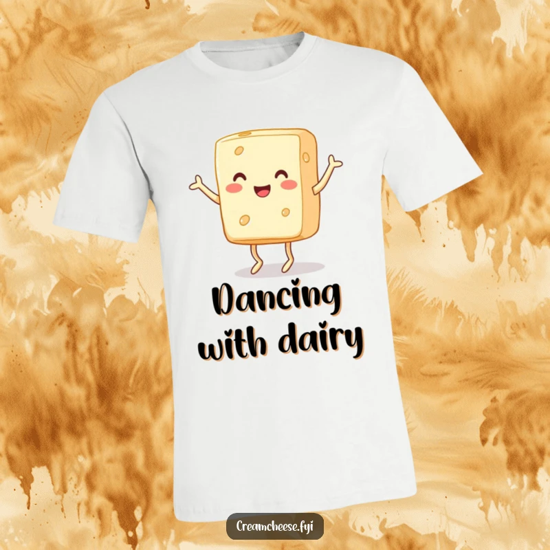 Funny T-Shirt: A happy block of cream cheese with little legs breaks into a lively jig, celebrating with pure, jiggly delight.