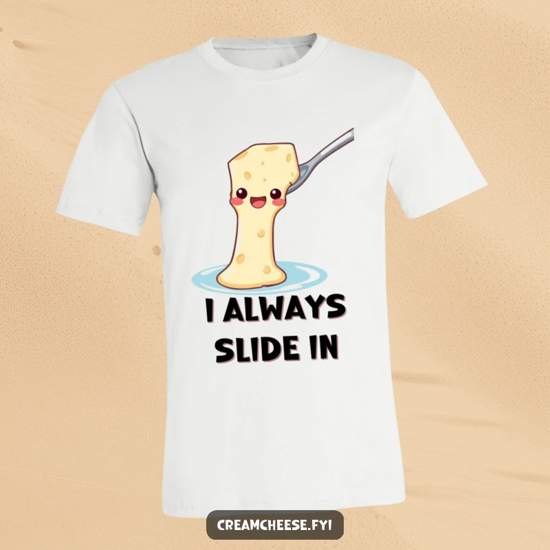 Funny T-Shirt: A happy block of cream cheese slides down a spoon waterslide, a humorous food design.