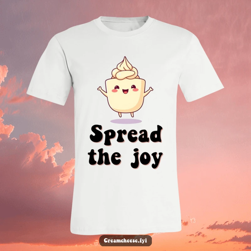 Funny Cream Cheese T-Shirt showing a happy cream cheese tub with frosting swirls performing a delightful wiggle dance, full of bubbly joy.