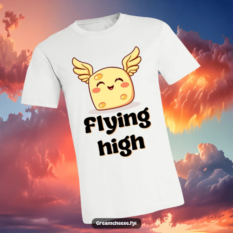 Funny cheese t-shirt, showing a grinning cheese character with tiny wings joyfully ascending into the air.