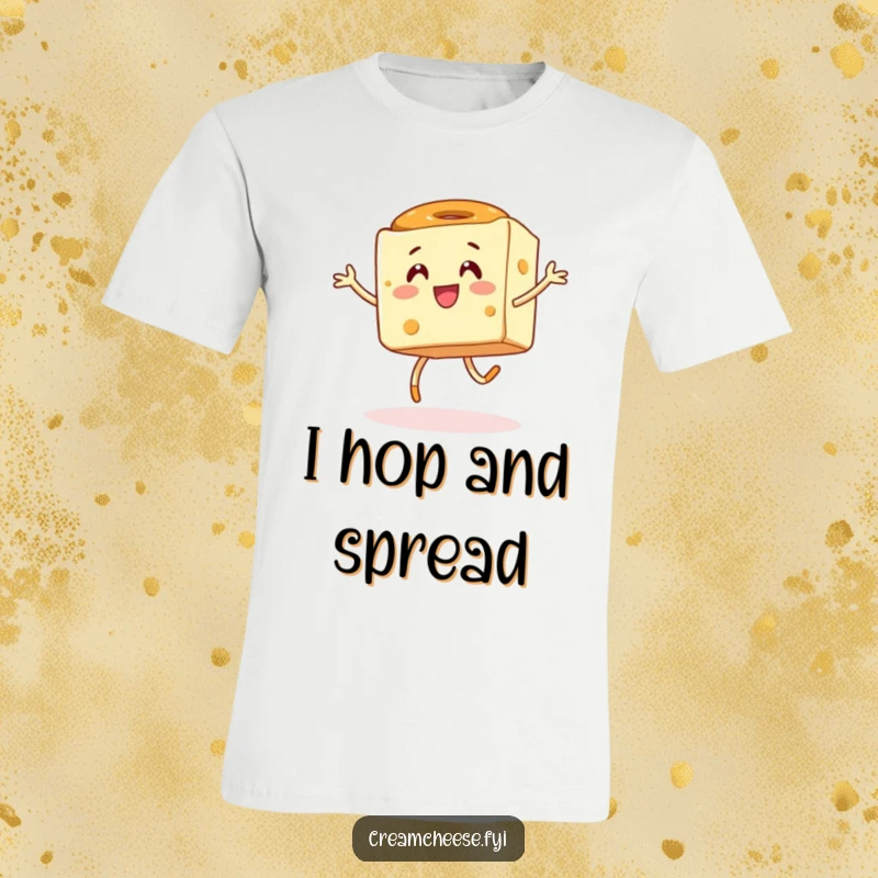 Funny t-shirt showing an energetic cream cheese cube mid-hop with a happy bagel, capturing a moment of pure breakfast bliss.