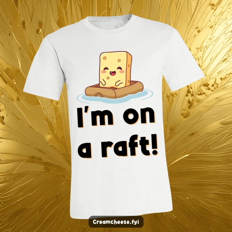 Funny Cream Cheese T-Shirt depicting a giggling cream cheese bar adrift on a tiny raft, ideal for foodies.
