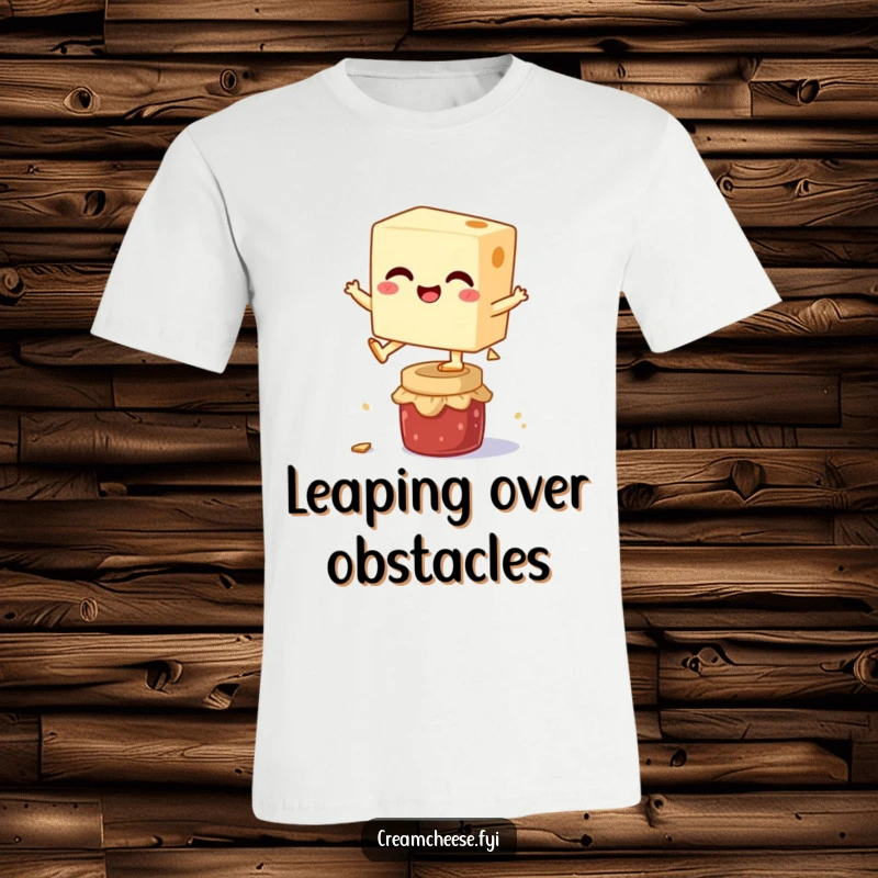 Funny T-shirt depicting a gleeful cream cheese block soaring over a miniature jam jar, symbolizing fun, freedom, and breakfast delight.